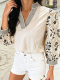 Floral Puff Sleeve V Neck Patchwork Blouse
