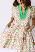 Contrast Neckline Trim Floral Short Puff Sleeve Dress