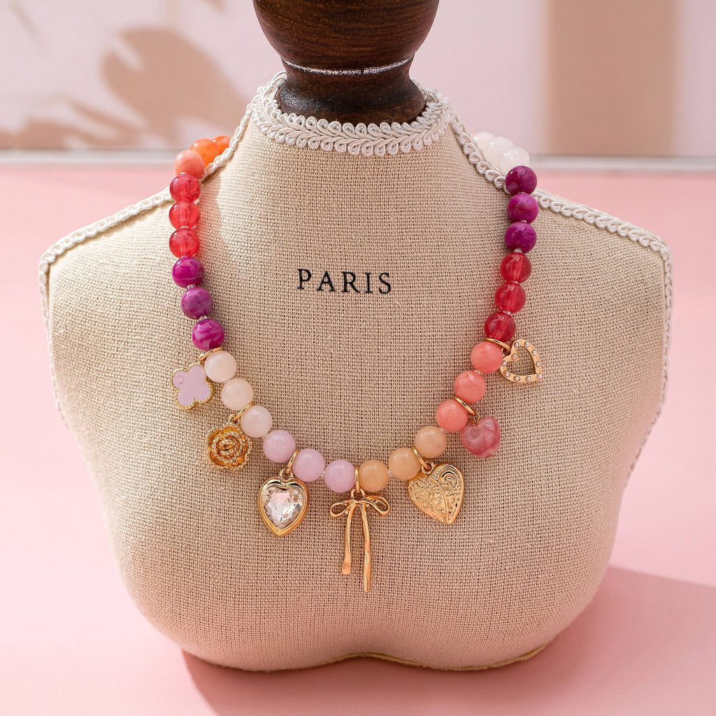 Pastel Beaded Bow Heart Flower Charm Necklace